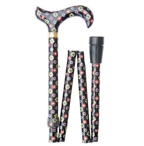 FOLDING CANE PATTERNS GALORE BLACK WITH DOTS AND DAISIES