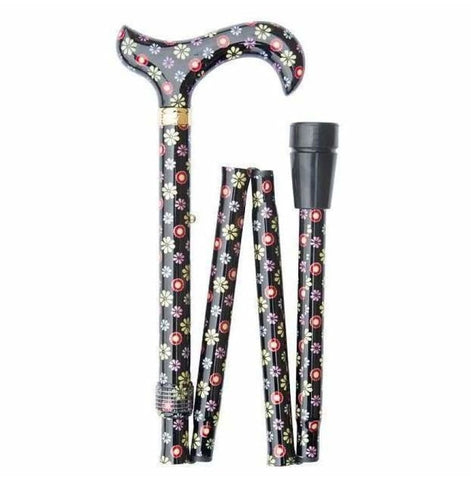 FOLDING CANE PATTERNS GALORE BLACK WITH DOTS AND DAISIES