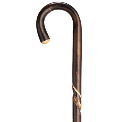 WOOD CROOK CANE CHESTNUT HAND CARVED SPIRAL SHAFT