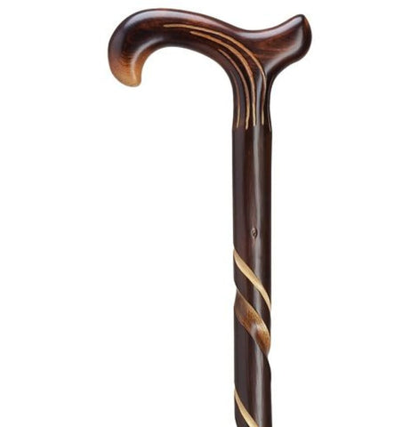 WOOD DERBY CANE CHESTNUT HAND CARVED SPIRAL SHAFT